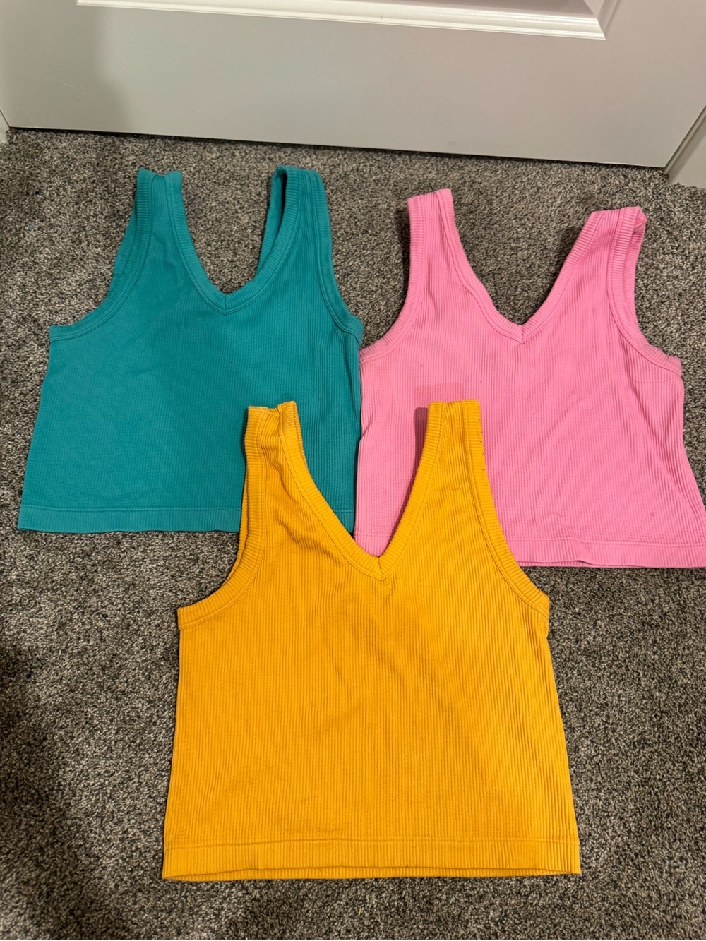 Ribbed V-Neck Crop Tank Top - Pink, Teal & orange set